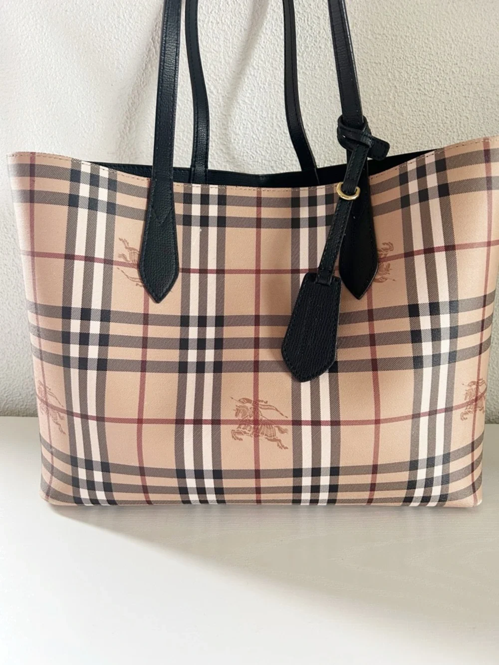 Burberry Reversible Haymarket Check Black Leather Tote Shopper Bag Purse